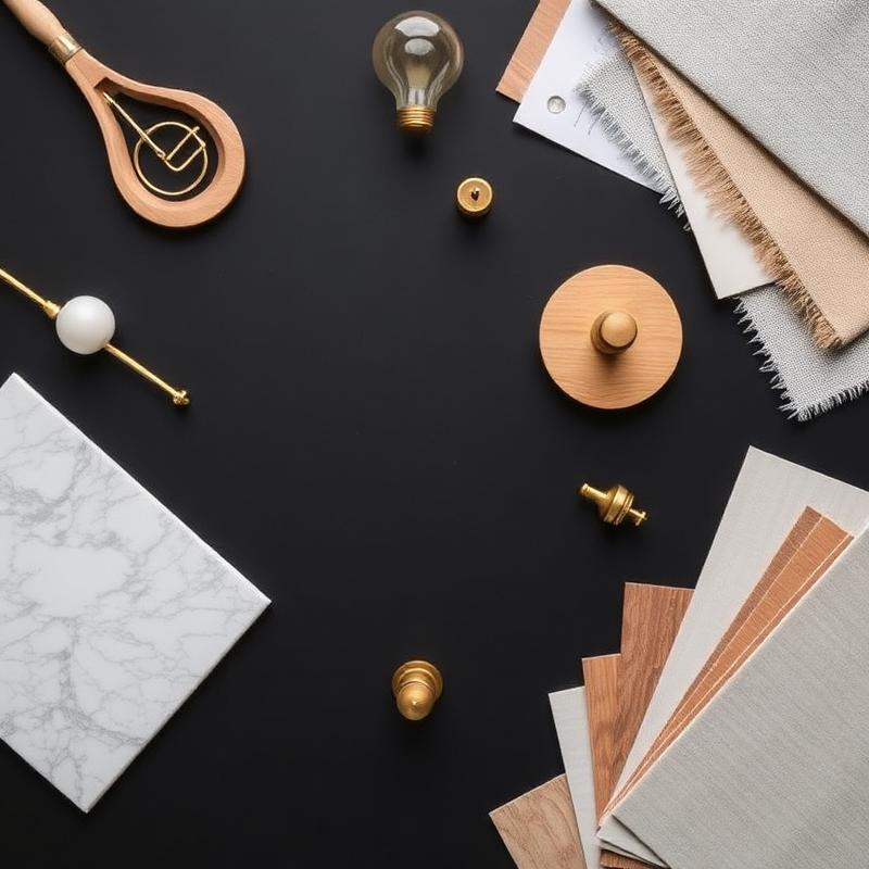 Interior design materials and finishes arranged in a workshop