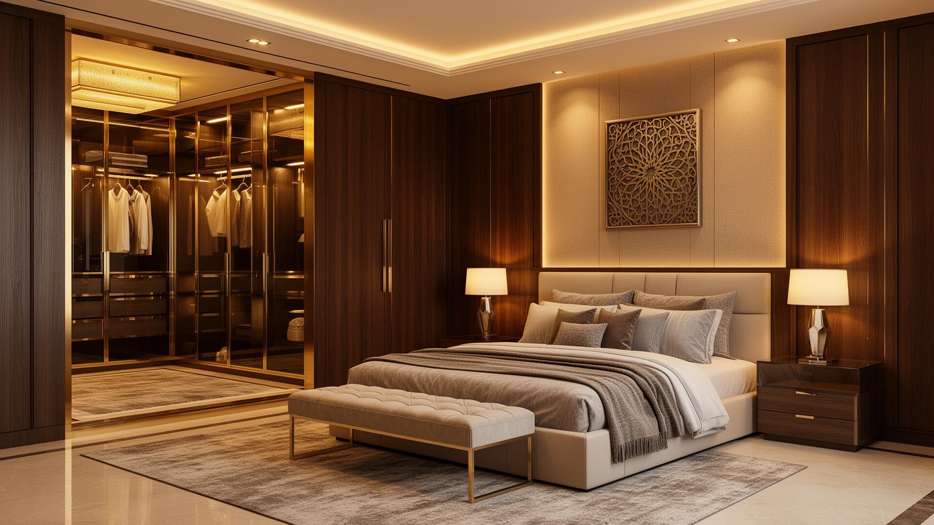 Luxury bedroom with warm layered lighting
