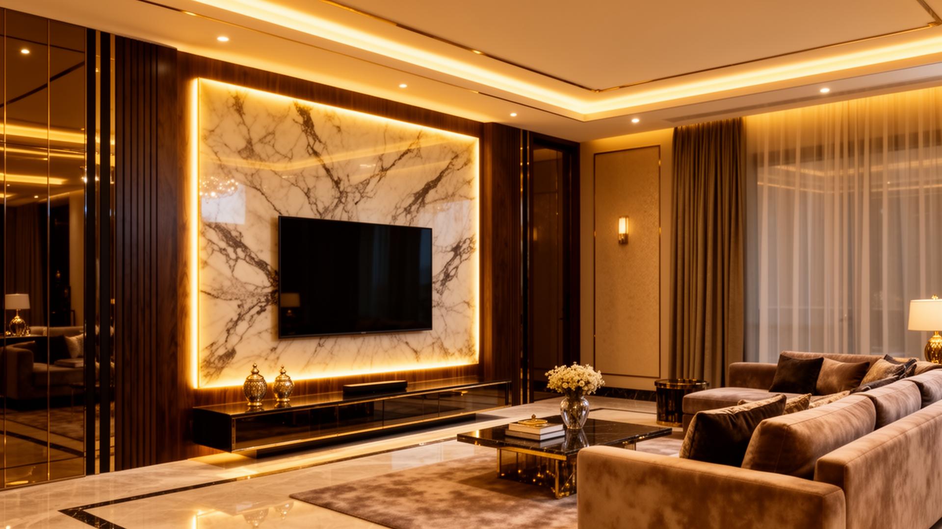 Modern living room with marble feature wall