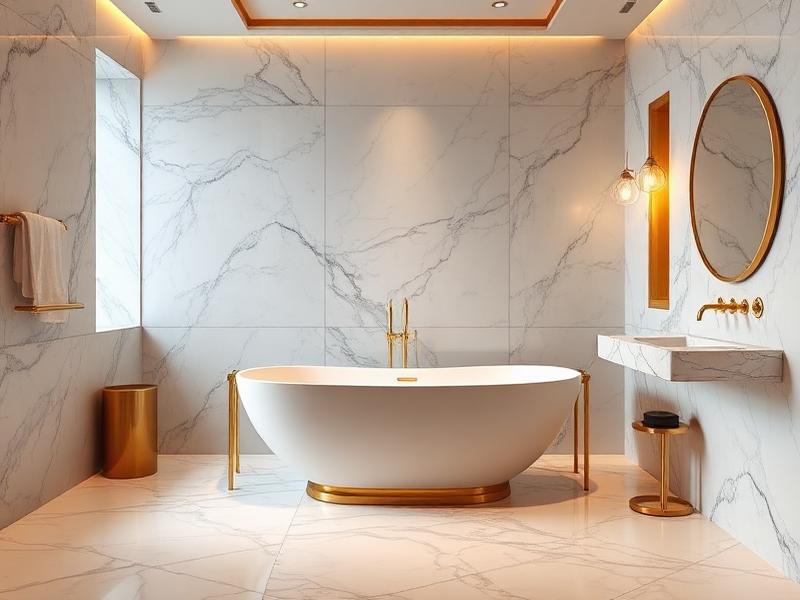 Marble bathroom with warm interior lighting