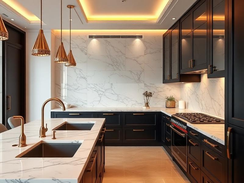 Contemporary kitchen with dark cabinetry and marble